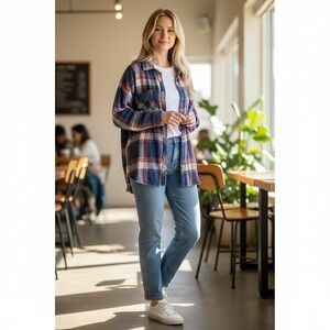 KENSIE Plaid All Cotton Flannel Raw Hem Hardware Embelish Red White Blue Medium